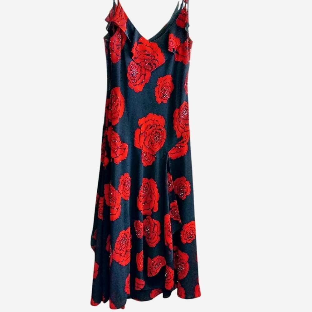 Red & black beaded whimsygoth floral slip dress with adjustable straps